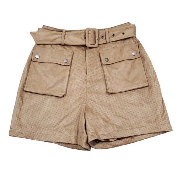 Guess Faux Suede High Rise Cargo Pocket Shorts Size Small Belted Brown Tan - Picture 1 of 12